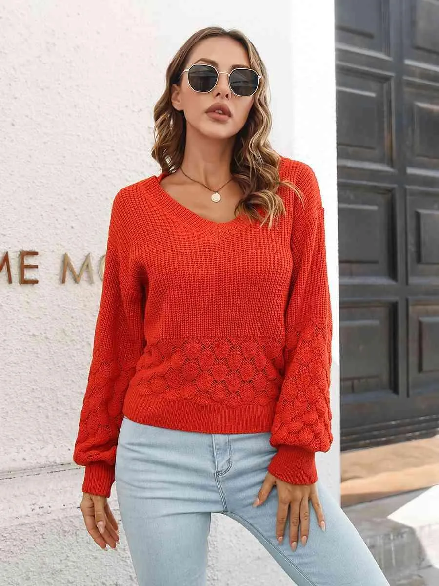 Toasty In Style V-Neck Balloon Sleeve Sweater