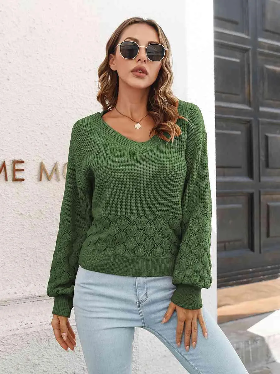 Toasty In Style V-Neck Balloon Sleeve Sweater