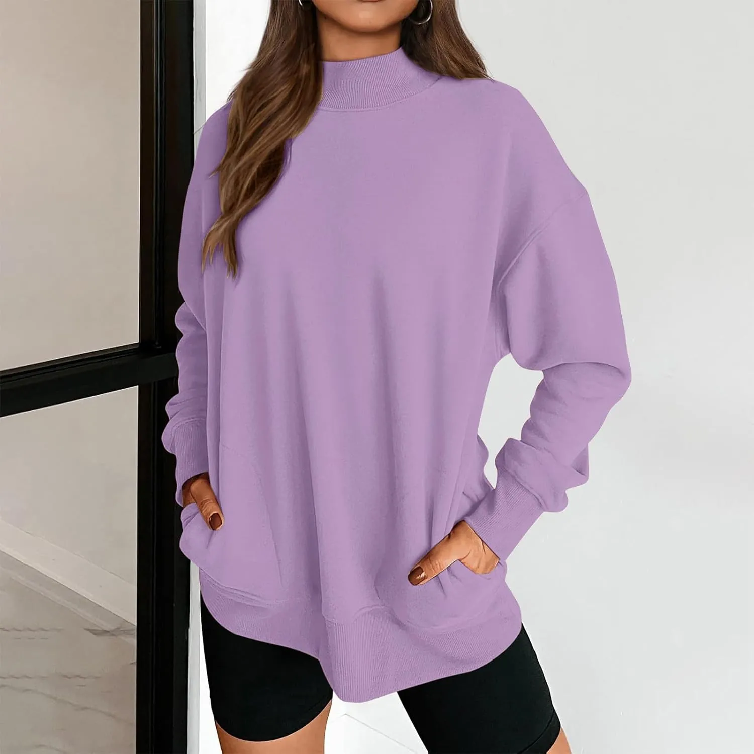 Trendy Sweatshirt for Women with Pockets Stretchy Mock Neck Tops Drop Shoulder Solid Color Pullover Hoodie Y2K