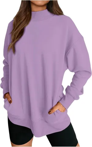Trendy Sweatshirt for Women with Pockets Stretchy Mock Neck Tops Drop Shoulder Solid Color Pullover Hoodie Y2K