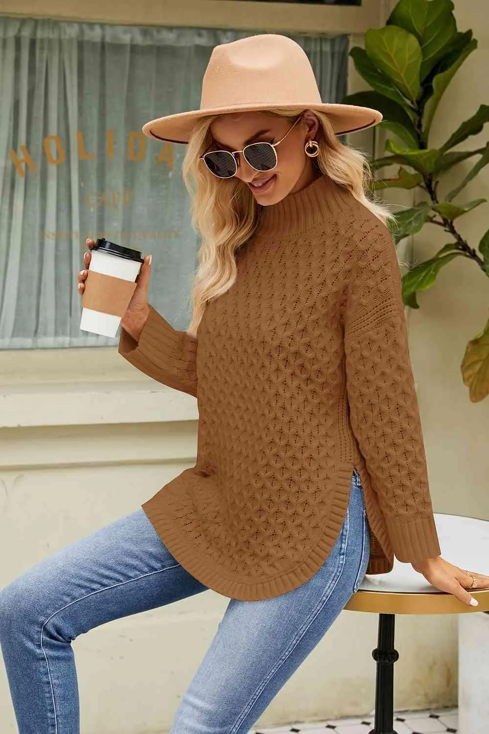 Warm Satisfaction Curve Hem Mock Neck Sweater