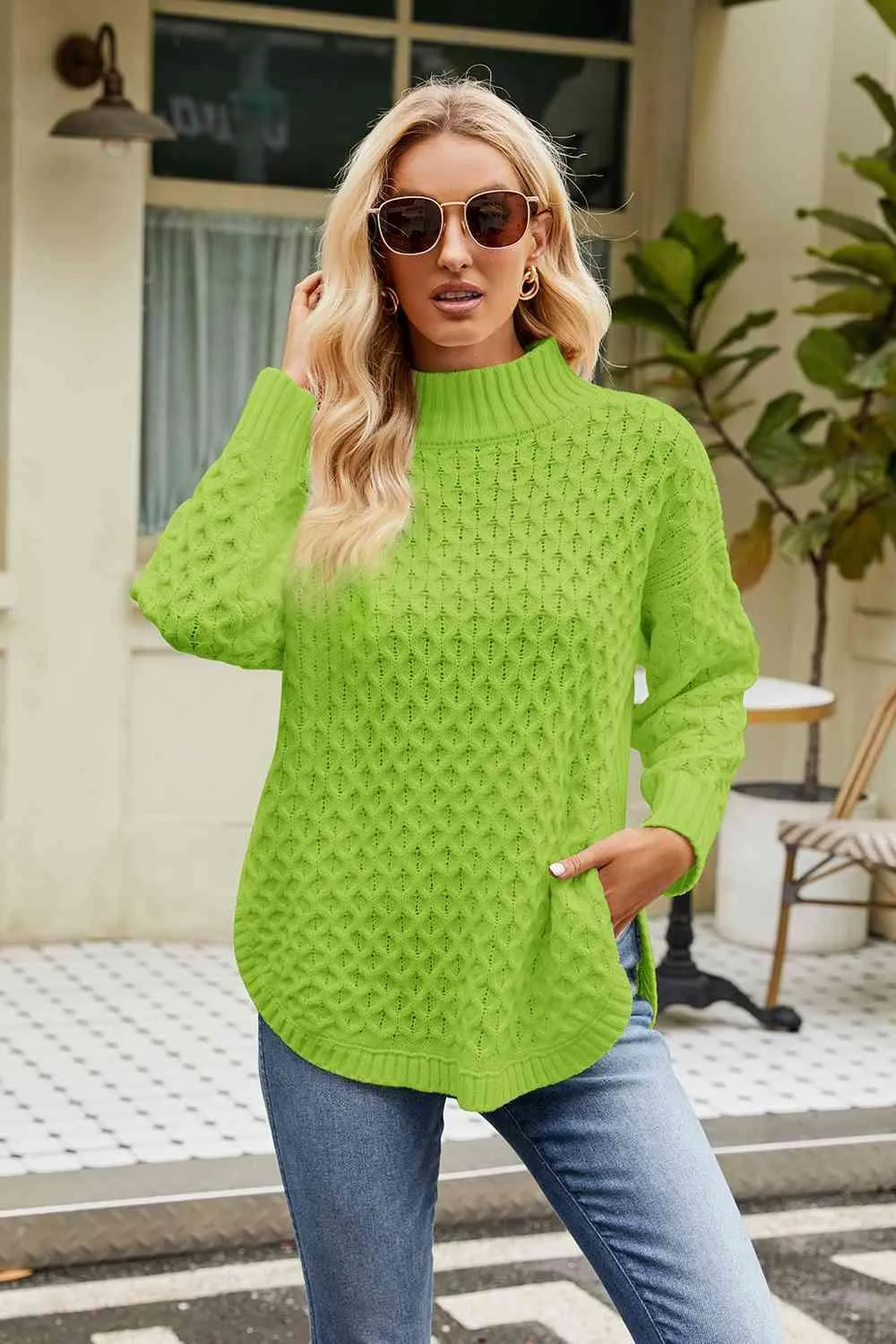 Warm Satisfaction Curve Hem Mock Neck Sweater