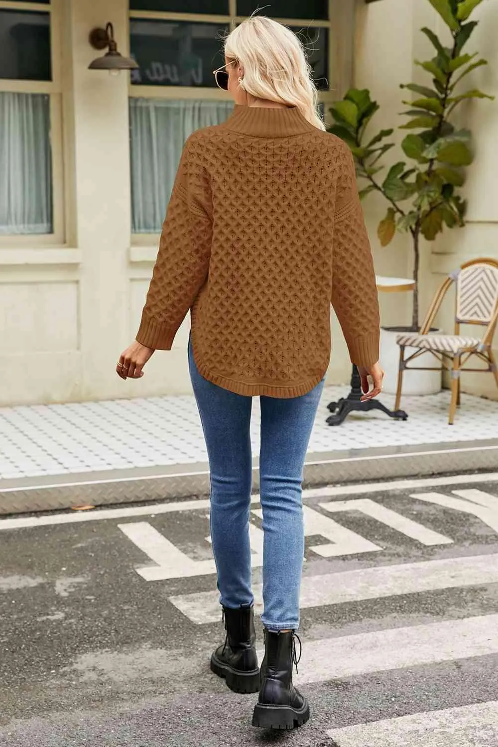Warm Satisfaction Curve Hem Mock Neck Sweater