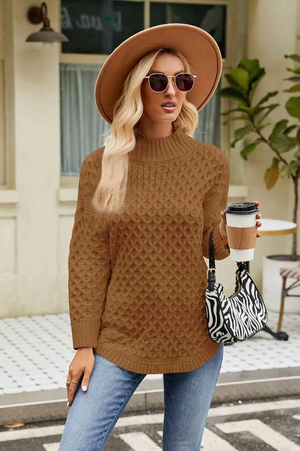 Warm Satisfaction Curve Hem Mock Neck Sweater