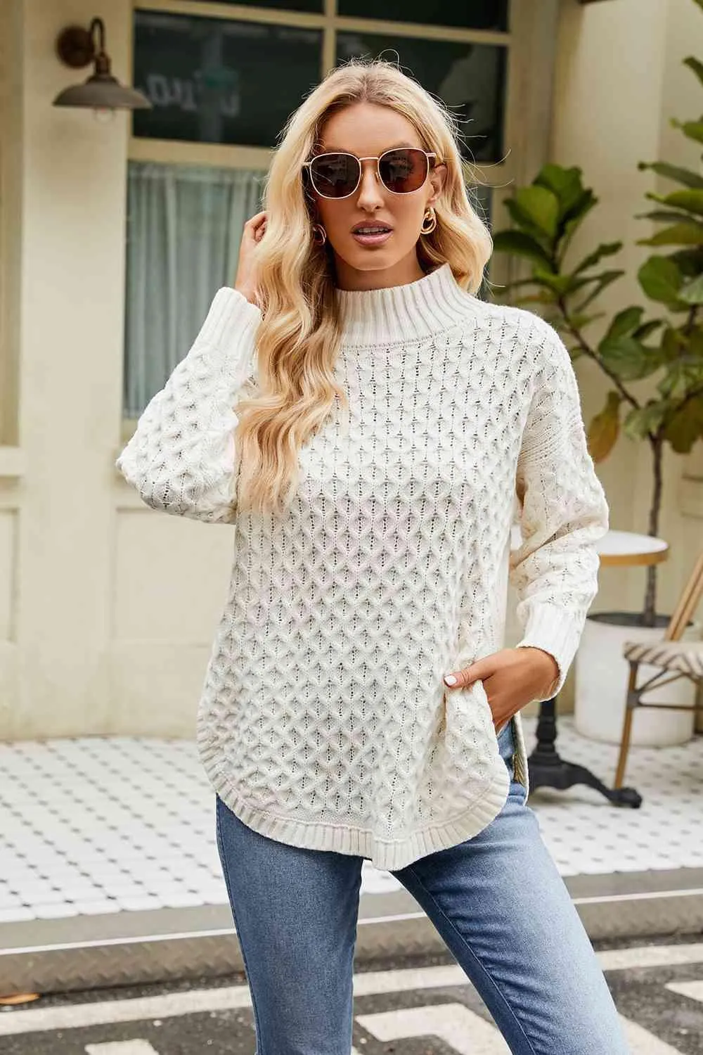 Warm Satisfaction Curve Hem Mock Neck Sweater