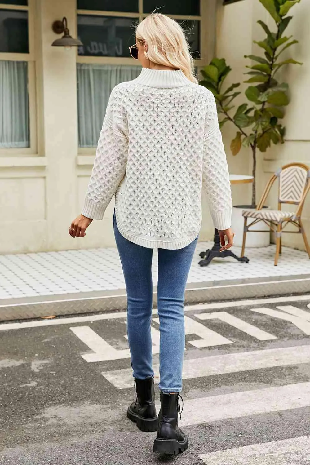 Warm Satisfaction Curve Hem Mock Neck Sweater