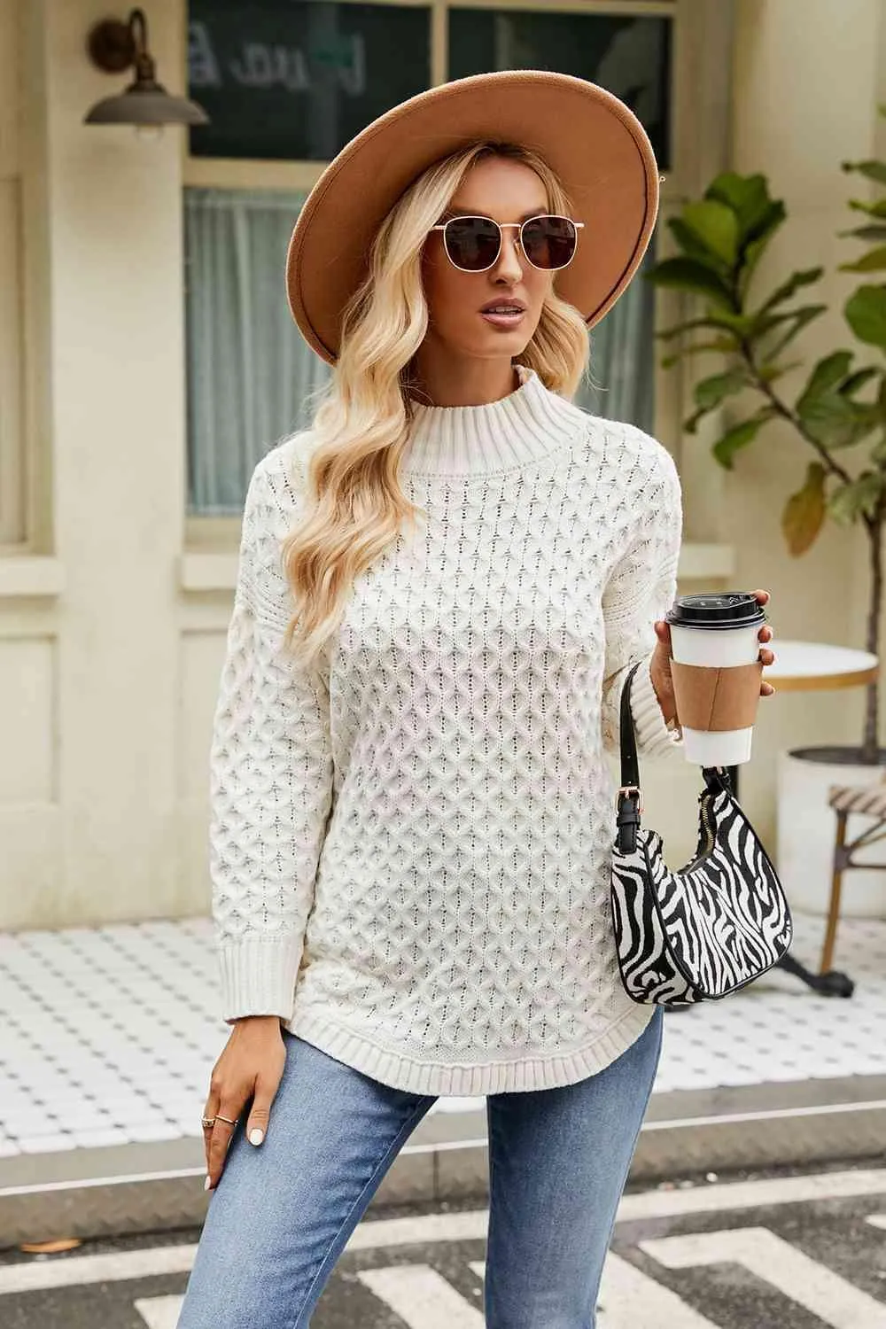 Warm Satisfaction Curve Hem Mock Neck Sweater