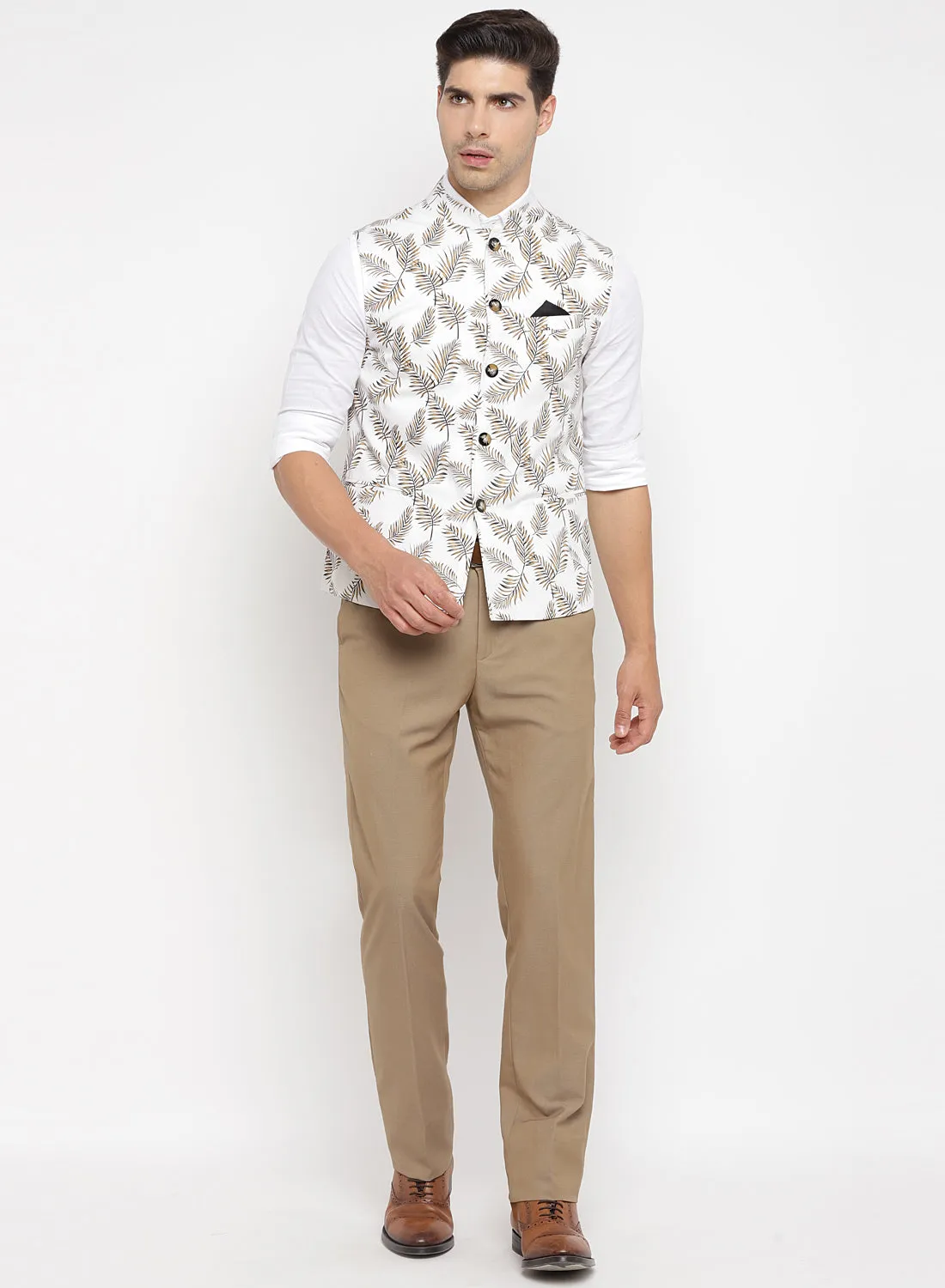 White Cotton Linen Printed Nehru Jacket