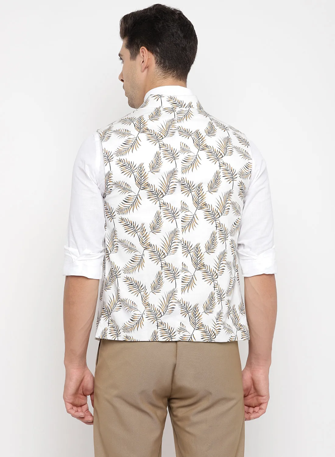 White Cotton Linen Printed Nehru Jacket