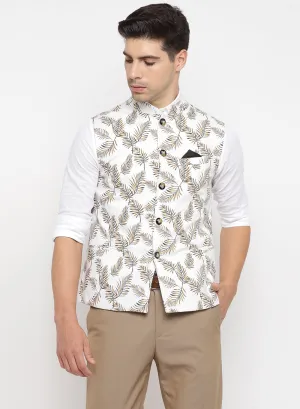 White Cotton Linen Printed Nehru Jacket