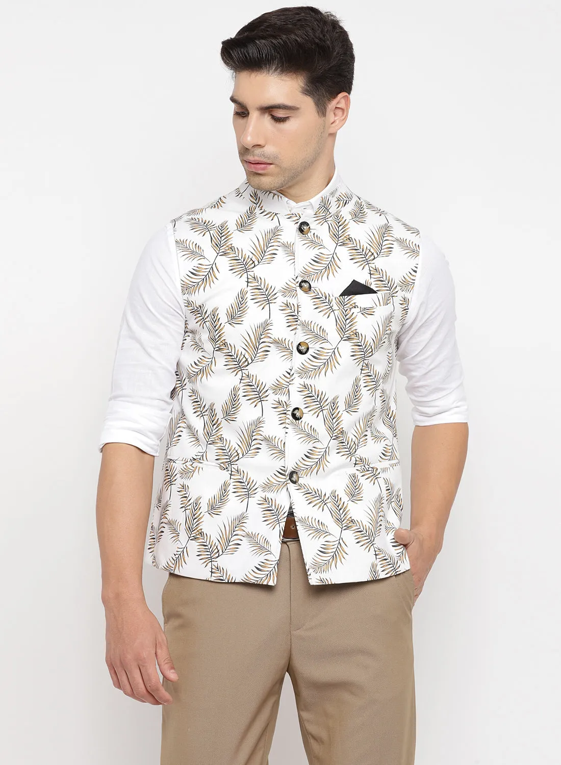 White Cotton Linen Printed Nehru Jacket