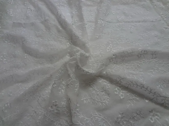 white silk chiffon fabric with vine/floral embroidery 44" wide [4461]