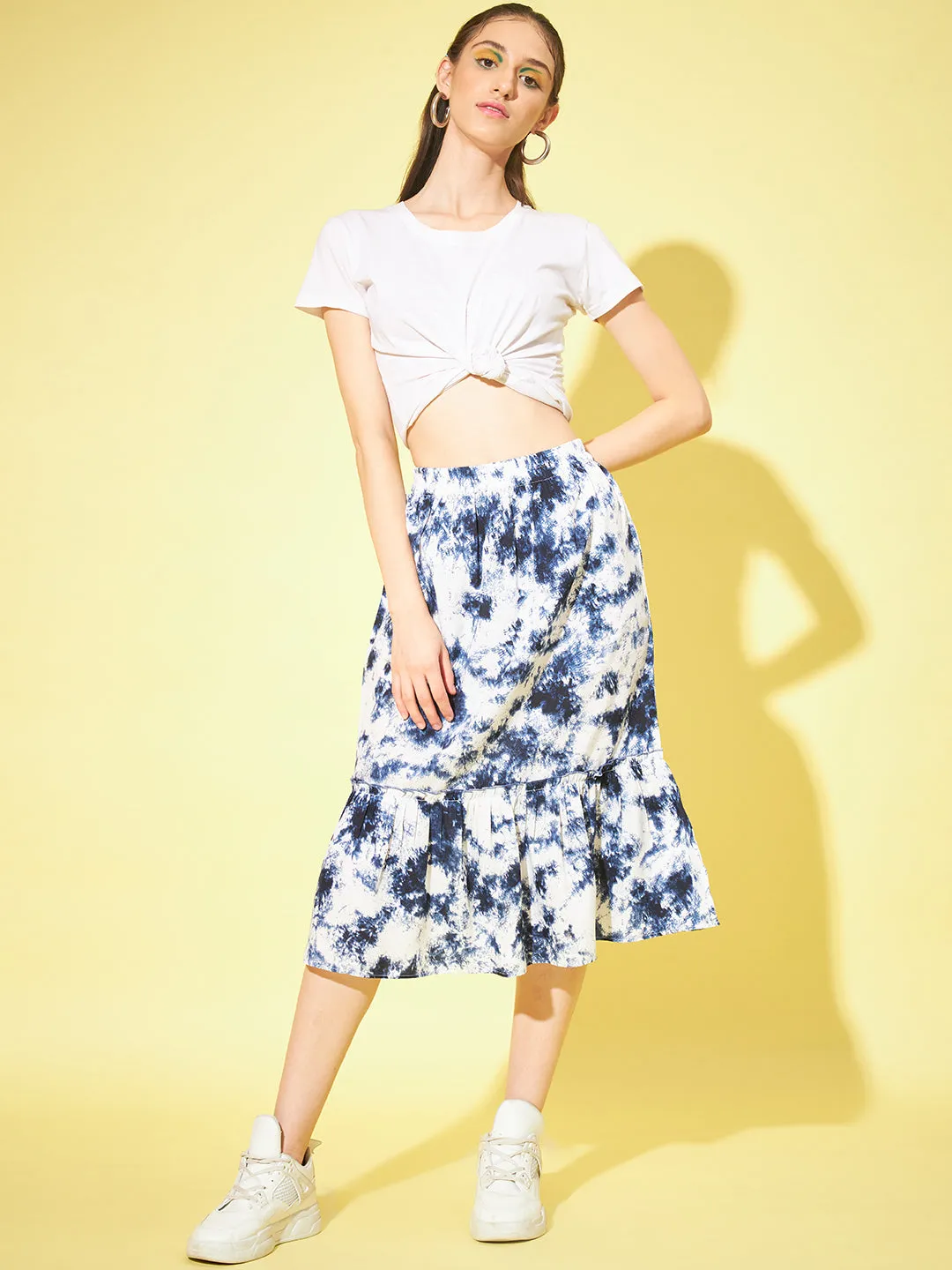 Women Crepe Dyed Flared Midi Skirt