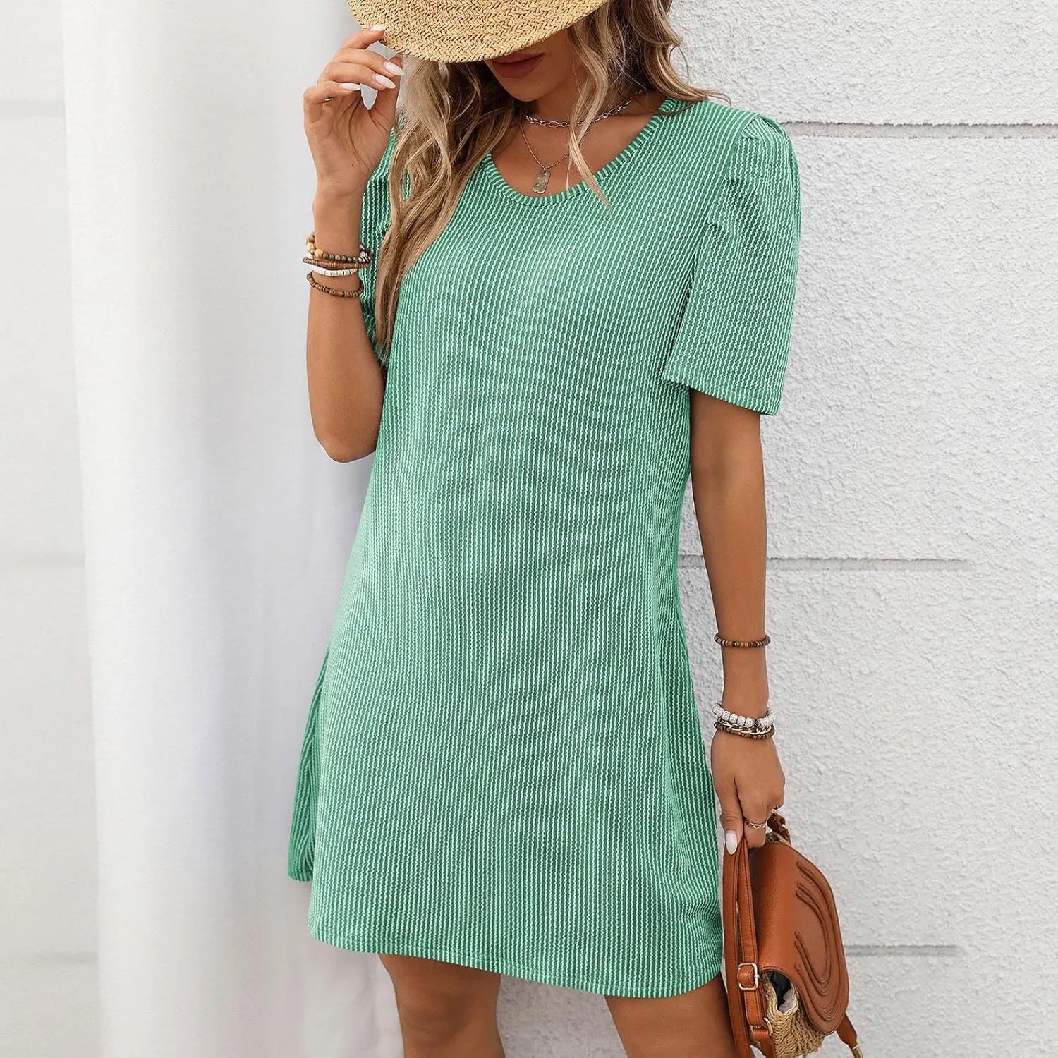 Women Elegant Short Sleeve Mini Dress Round Neck A Line T Shirt Dresses Semi Formal Outfits Summer Clothes