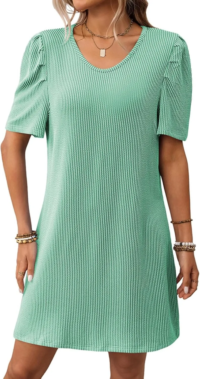 Women Elegant Short Sleeve Mini Dress Round Neck A Line T Shirt Dresses Semi Formal Outfits Summer Clothes