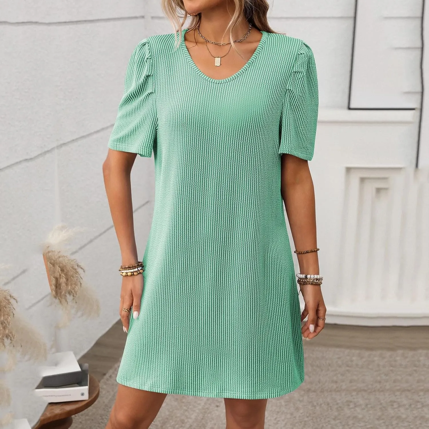 Women Elegant Short Sleeve Mini Dress Round Neck A Line T Shirt Dresses Semi Formal Outfits Summer Clothes