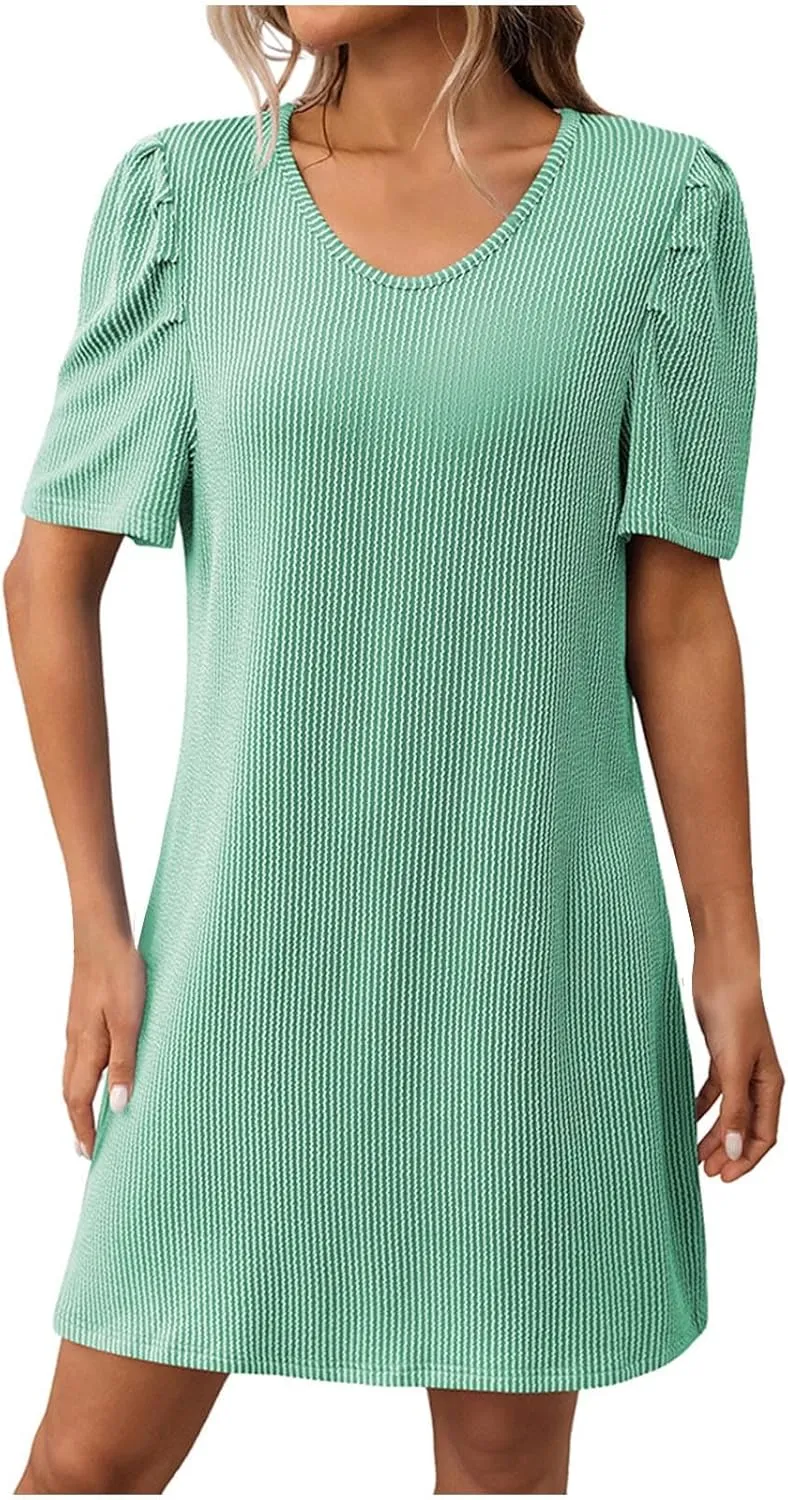 Women Elegant Short Sleeve Mini Dress Round Neck A Line T Shirt Dresses Semi Formal Outfits Summer Clothes