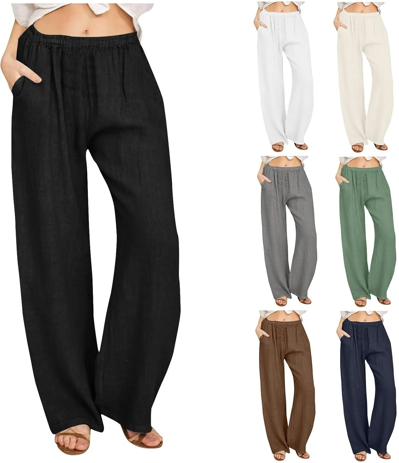 Women High Waist Wide Leg Linen Palazzo Pants with 4 Pockets Summer Bottoms Pant Elastic Waist Relax Fit Trousers