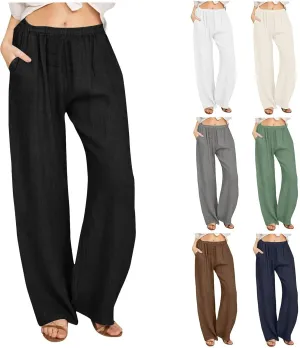 Women High Waist Wide Leg Linen Palazzo Pants with 4 Pockets Summer Bottoms Pant Elastic Waist Relax Fit Trousers
