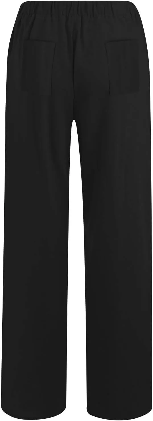 Women High Waist Wide Leg Linen Palazzo Pants with 4 Pockets Summer Bottoms Pant Elastic Waist Relax Fit Trousers
