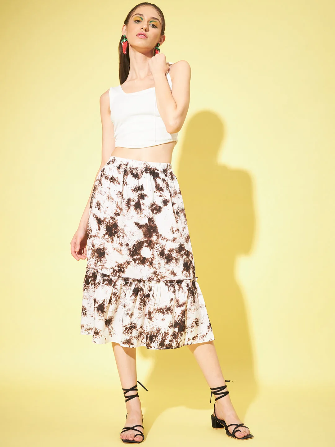 Women Tie And Dye Crepe Midi Flared Skirt