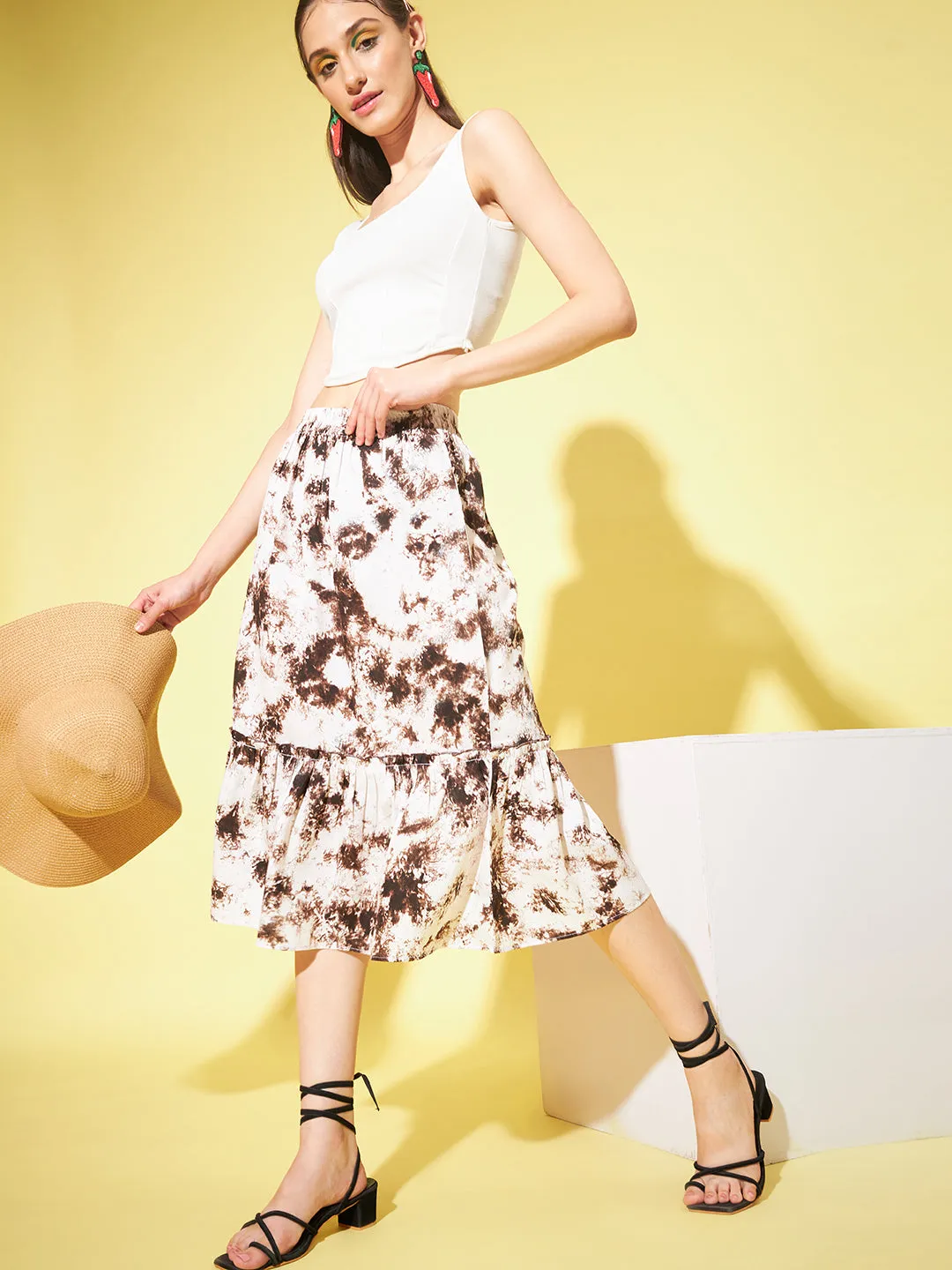 Women Tie And Dye Crepe Midi Flared Skirt