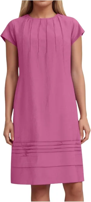 Womens Cotton Linen Midi Dress Crewneck Cap Sleeve Pleated Summer Dresses Plus Size Sundress Vacation Outfit 2025 S-5XL