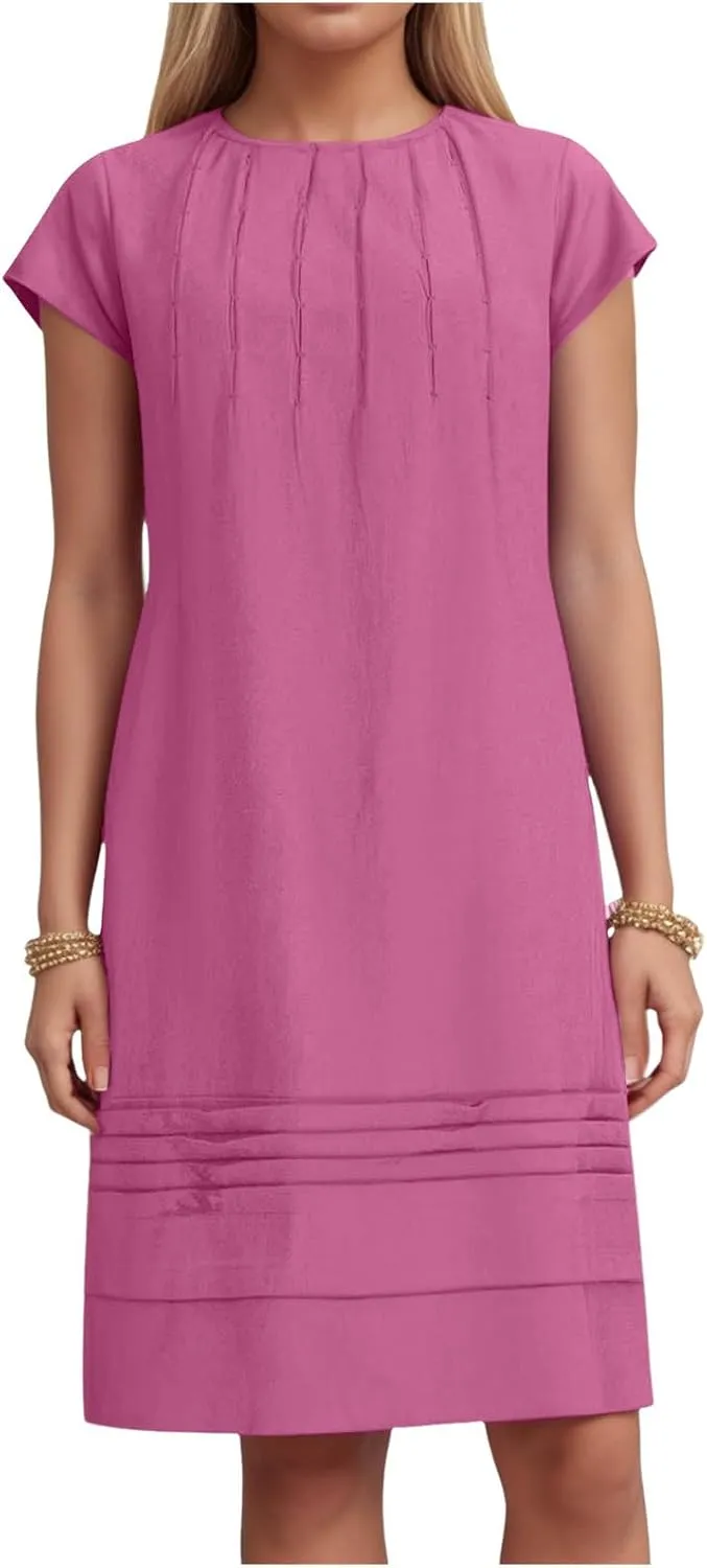 Womens Cotton Linen Midi Dress Crewneck Cap Sleeve Pleated Summer Dresses Plus Size Sundress Vacation Outfit 2025 S-5XL