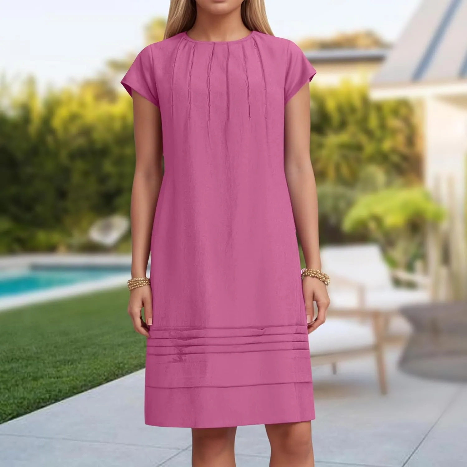 Womens Cotton Linen Midi Dress Crewneck Cap Sleeve Pleated Summer Dresses Plus Size Sundress Vacation Outfit 2025 S-5XL