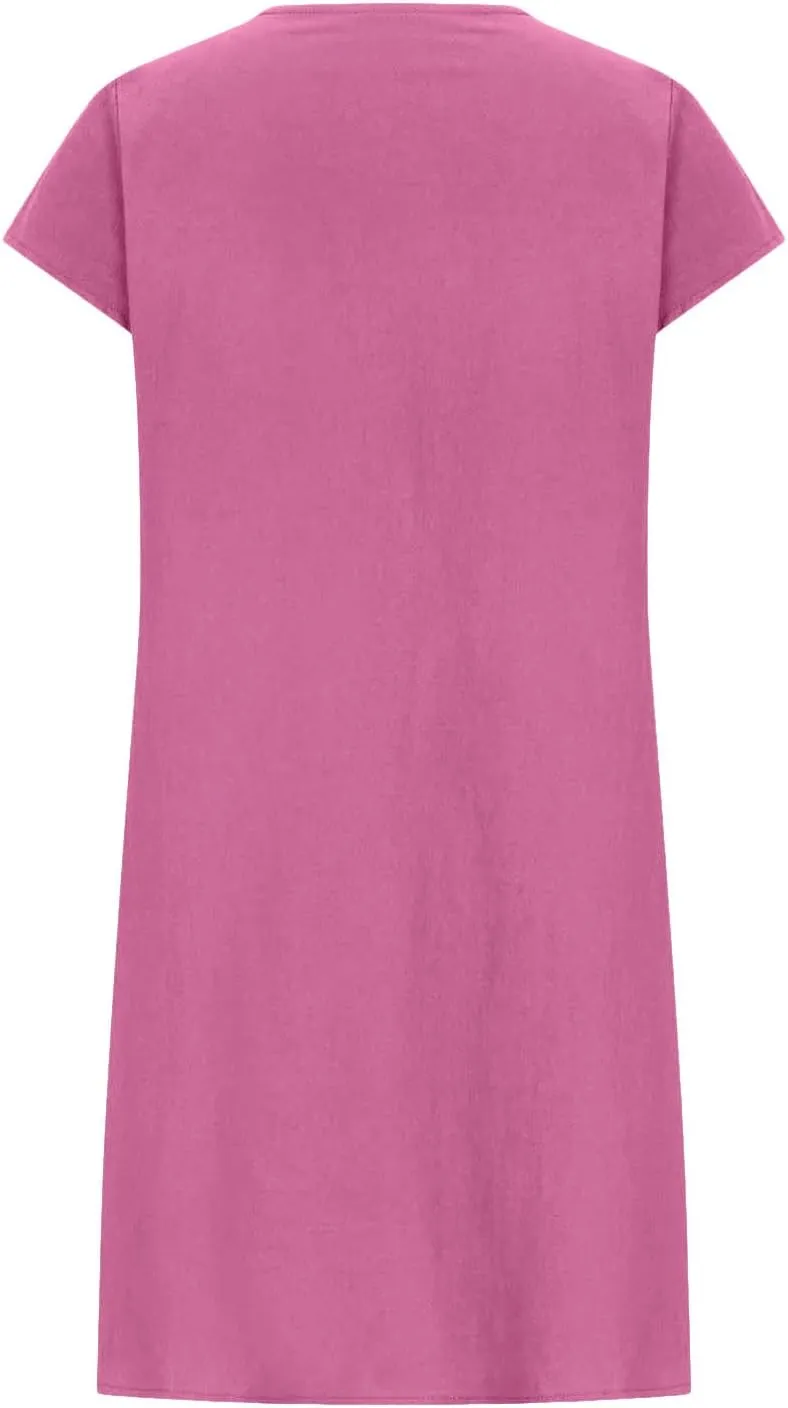 Womens Cotton Linen Midi Dress Crewneck Cap Sleeve Pleated Summer Dresses Plus Size Sundress Vacation Outfit 2025 S-5XL