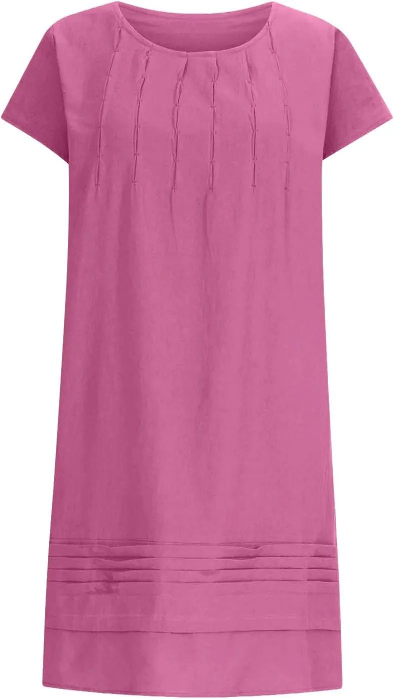 Womens Cotton Linen Midi Dress Crewneck Cap Sleeve Pleated Summer Dresses Plus Size Sundress Vacation Outfit 2025 S-5XL