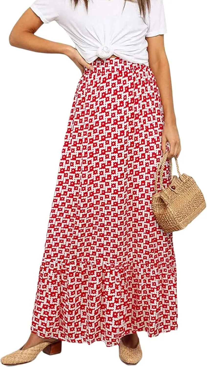 Womens Floral Print Boho Maxi Skirt High Elastic Waist Pleated Flowy Swing A-Line Maxi Skirts Summer Beach Flowy Skirts