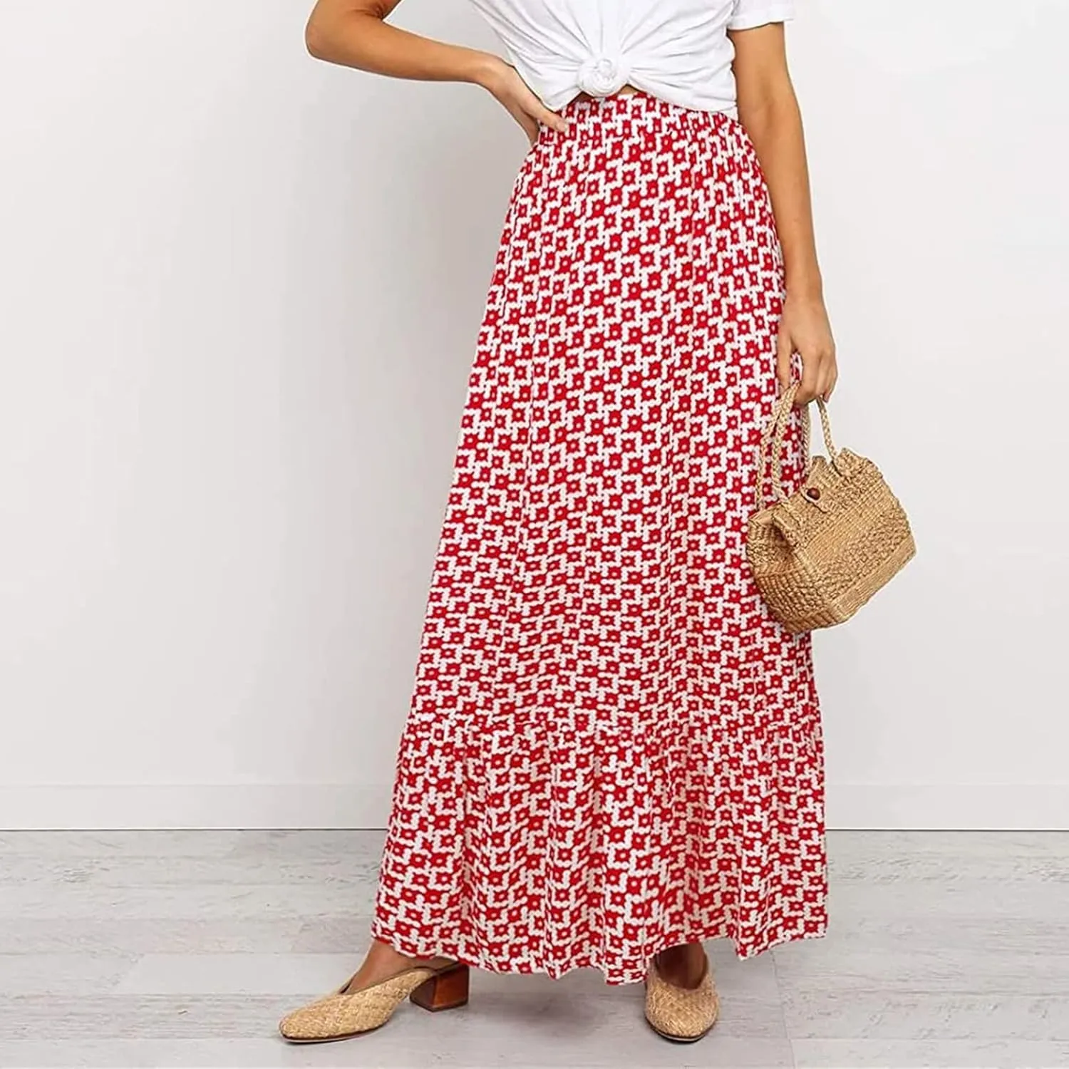 Womens Floral Print Boho Maxi Skirt High Elastic Waist Pleated Flowy Swing A-Line Maxi Skirts Summer Beach Flowy Skirts