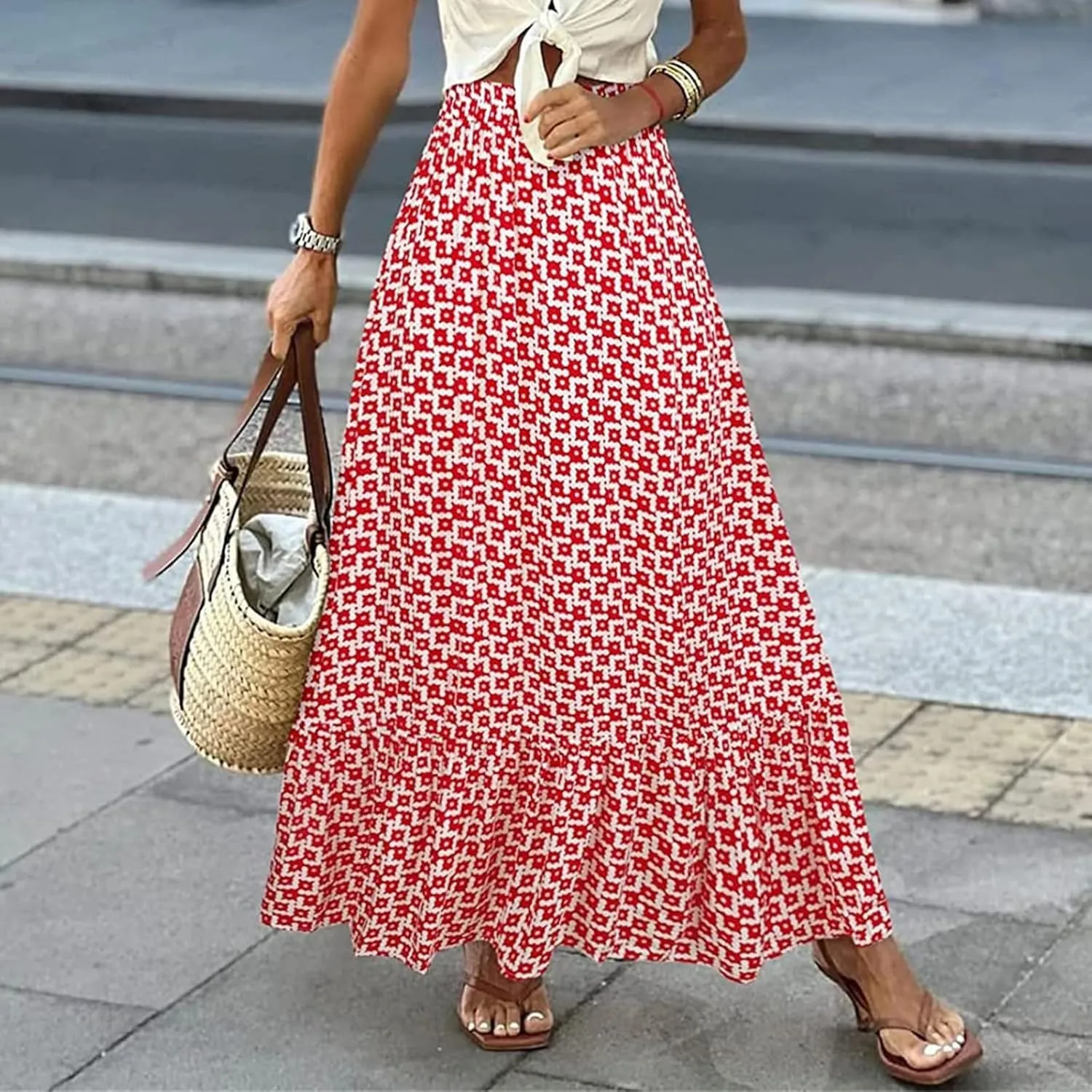 Womens Floral Print Boho Maxi Skirt High Elastic Waist Pleated Flowy Swing A-Line Maxi Skirts Summer Beach Flowy Skirts