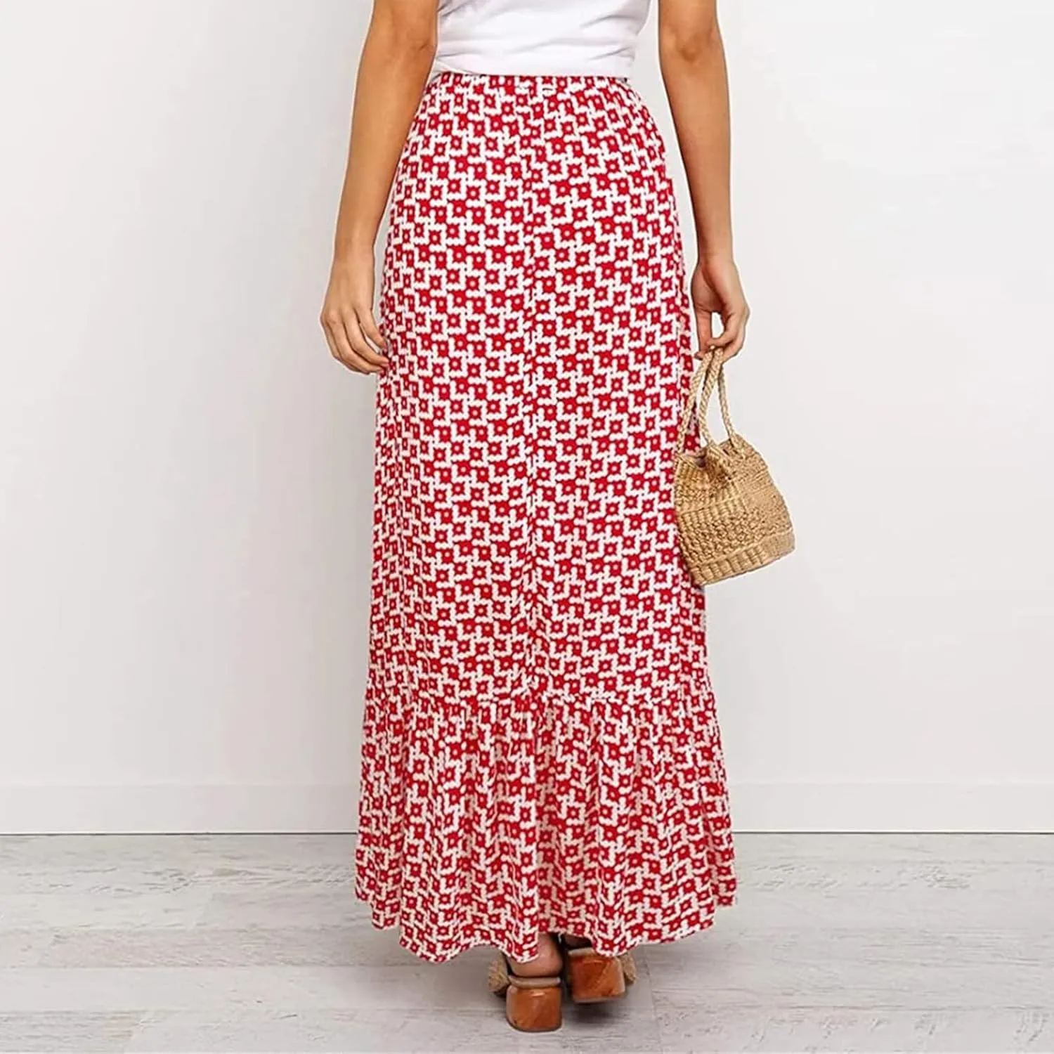 Womens Floral Print Boho Maxi Skirt High Elastic Waist Pleated Flowy Swing A-Line Maxi Skirts Summer Beach Flowy Skirts