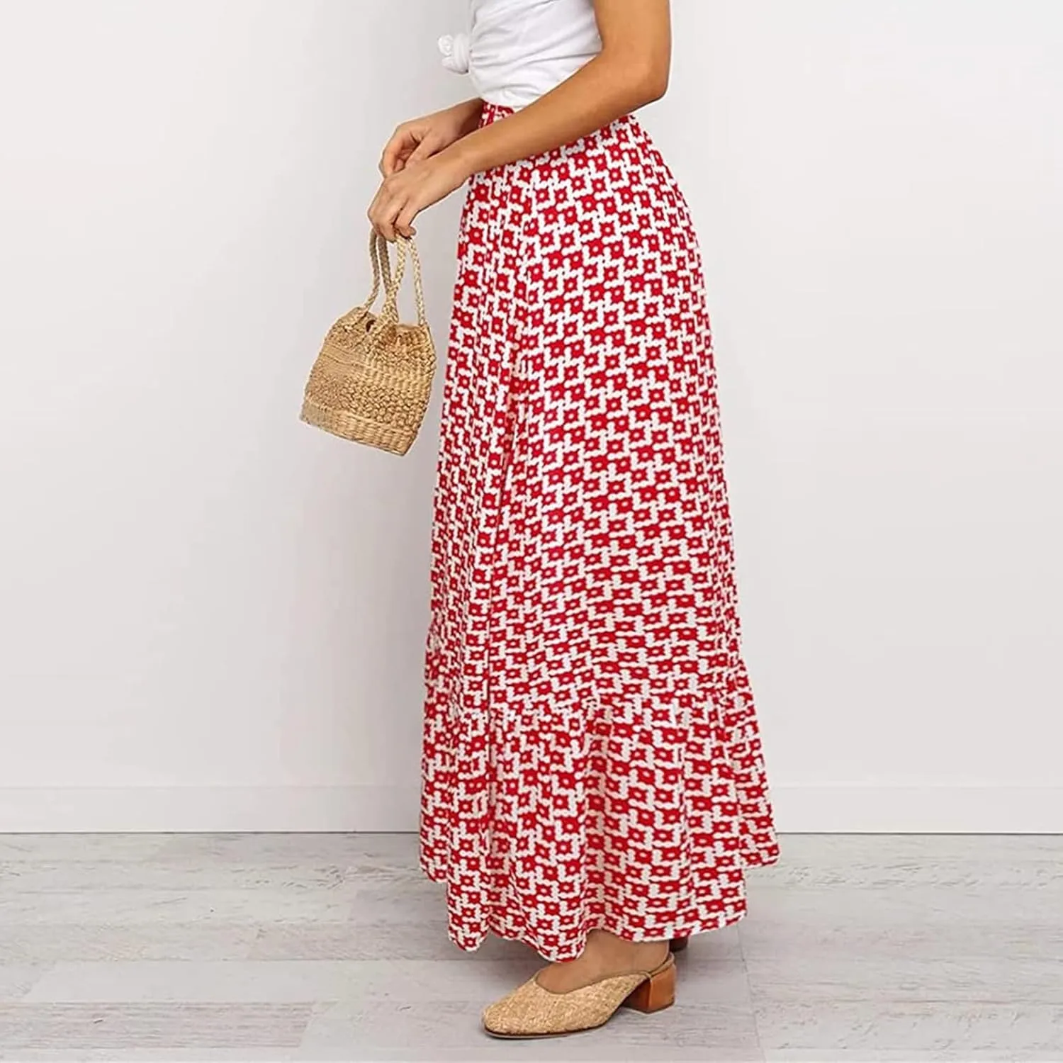 Womens Floral Print Boho Maxi Skirt High Elastic Waist Pleated Flowy Swing A-Line Maxi Skirts Summer Beach Flowy Skirts