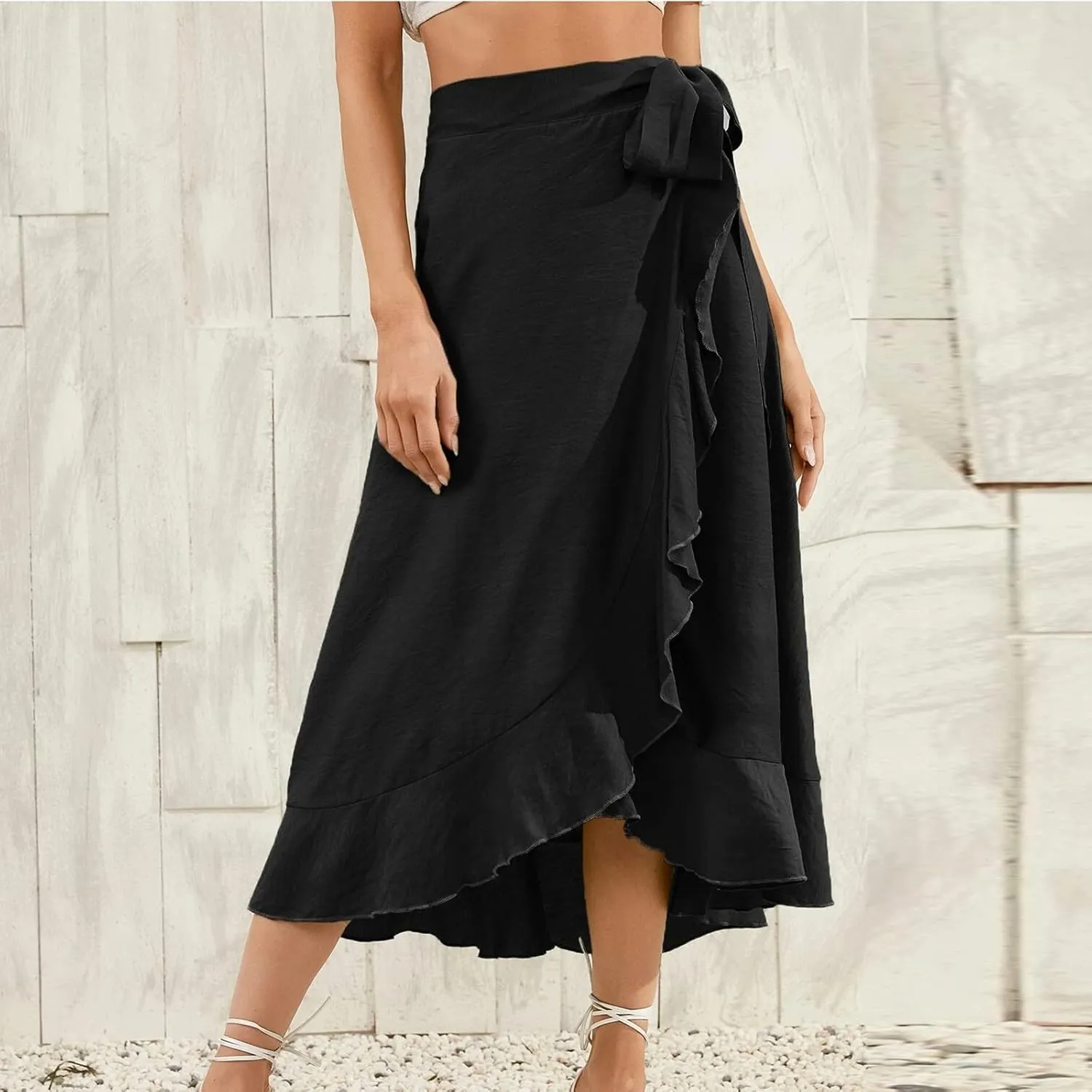 Women's Irregular Lace Up Maxi Dress Sexy Split Ruffle Skirts High Waist Classy Swing Midi Skirt Dressy