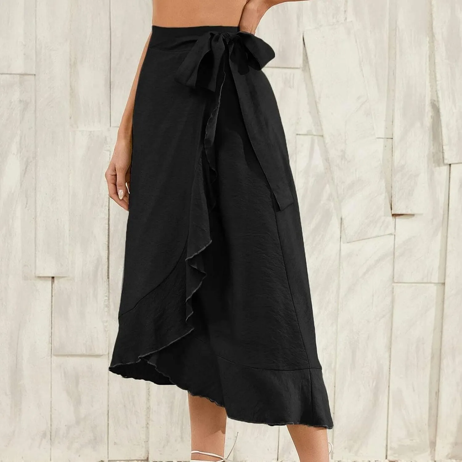 Women's Irregular Lace Up Maxi Dress Sexy Split Ruffle Skirts High Waist Classy Swing Midi Skirt Dressy
