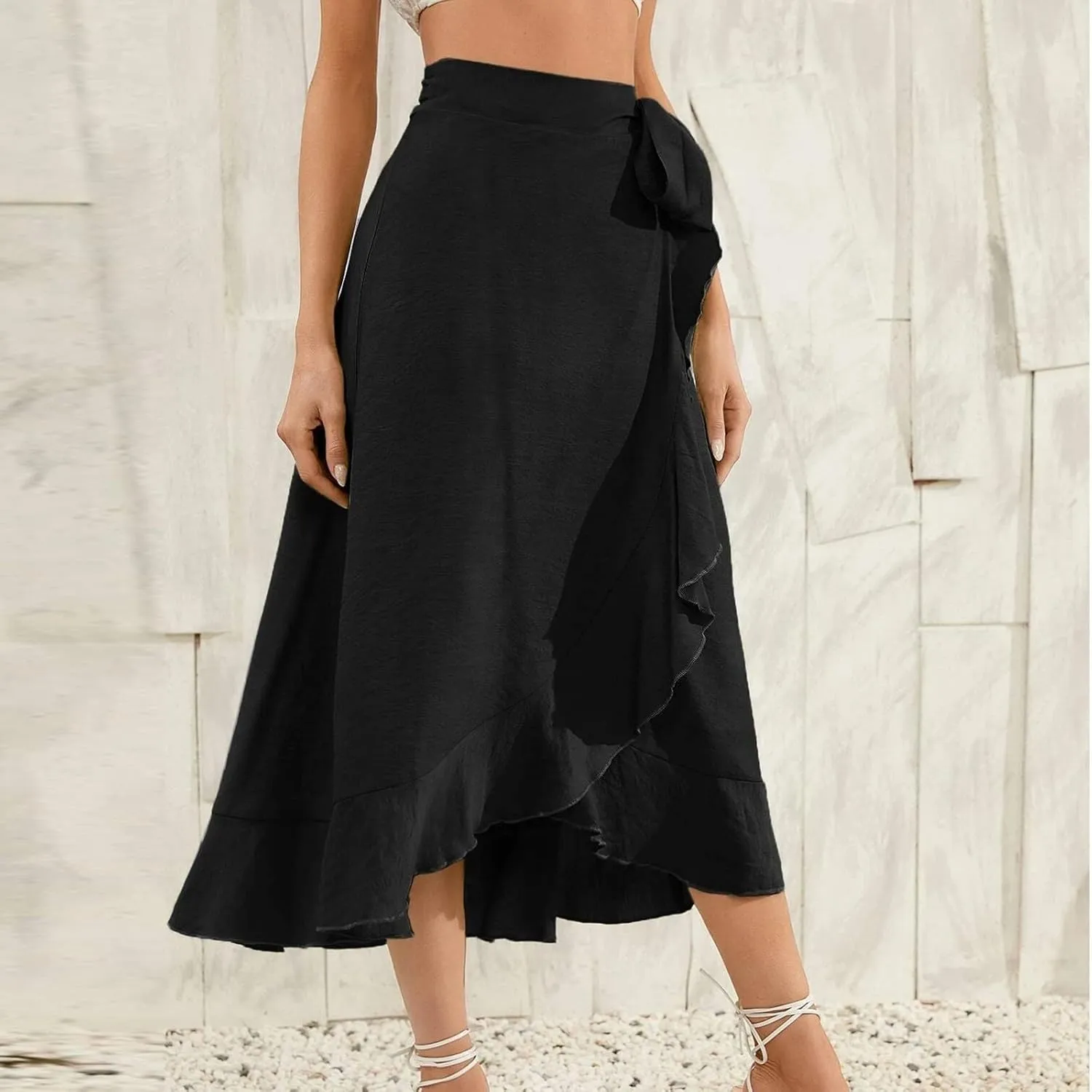 Women's Irregular Lace Up Maxi Dress Sexy Split Ruffle Skirts High Waist Classy Swing Midi Skirt Dressy