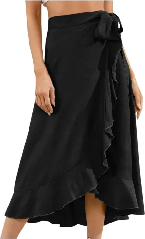 Women's Irregular Lace Up Maxi Dress Sexy Split Ruffle Skirts High Waist Classy Swing Midi Skirt Dressy