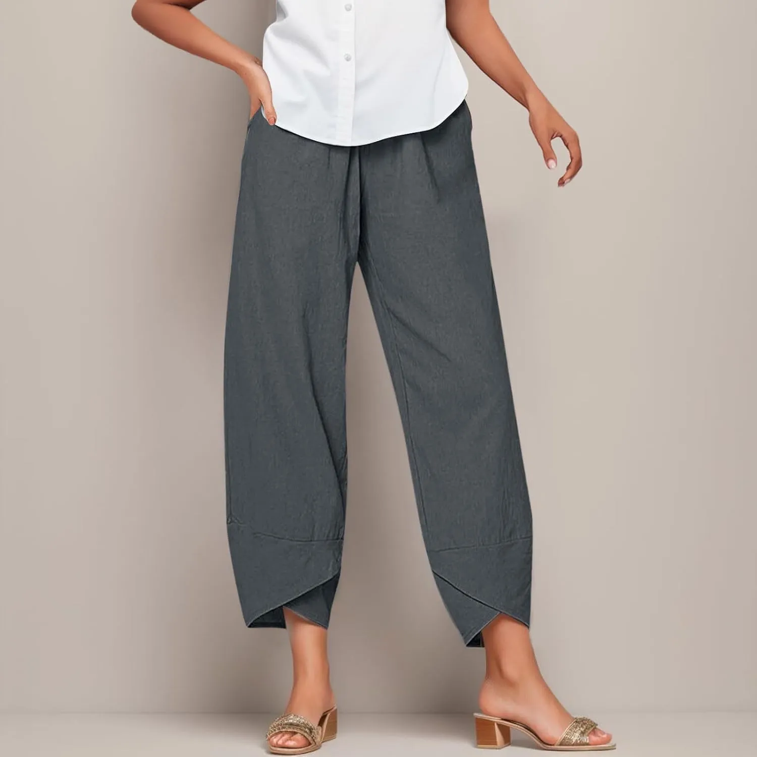 Womens Linen Cotton Pants Summer Elastic High Waist Straight Leg Casual Loose Solid Color Pants Comfy Straight Leg Trousers