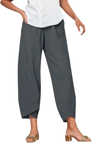 Womens Linen Cotton Pants Summer Elastic High Waist Straight Leg Casual Loose Solid Color Pants Comfy Straight Leg Trousers