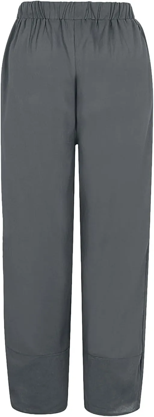 Womens Linen Cotton Pants Summer Elastic High Waist Straight Leg Casual Loose Solid Color Pants Comfy Straight Leg Trousers