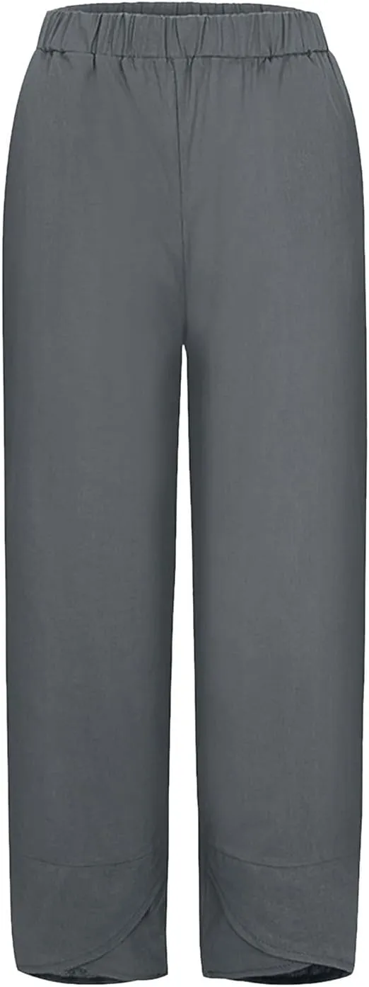 Womens Linen Cotton Pants Summer Elastic High Waist Straight Leg Casual Loose Solid Color Pants Comfy Straight Leg Trousers