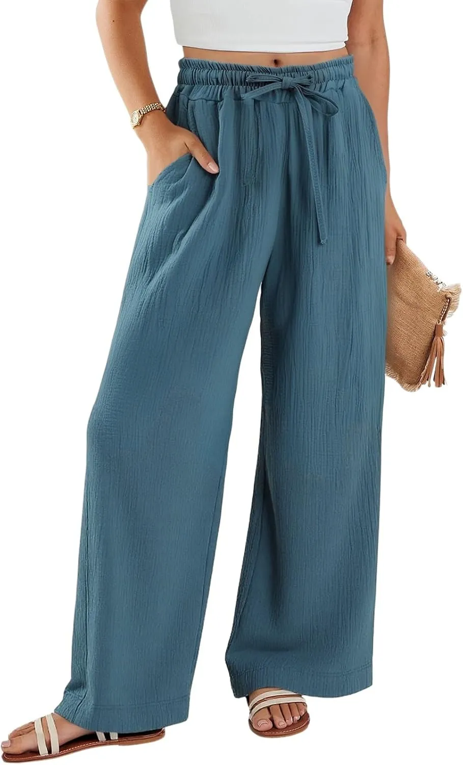 Womens Linen Pants Straight Leg Elastic Drawstring Wide Leg Trousers Beach Lounge Pants with Pockets