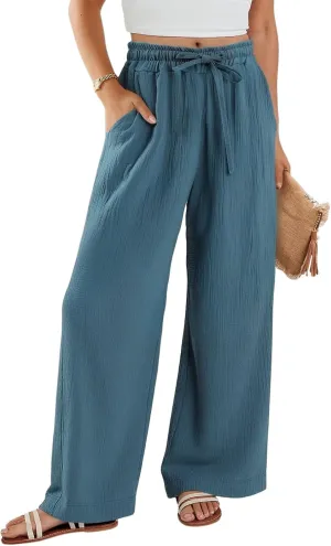 Womens Linen Pants Straight Leg Elastic Drawstring Wide Leg Trousers Beach Lounge Pants with Pockets