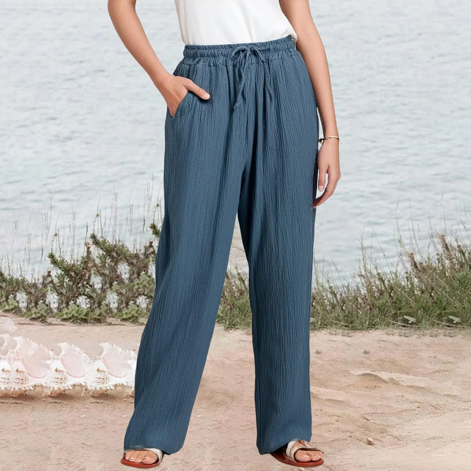 Womens Linen Pants Straight Leg Elastic Drawstring Wide Leg Trousers Beach Lounge Pants with Pockets