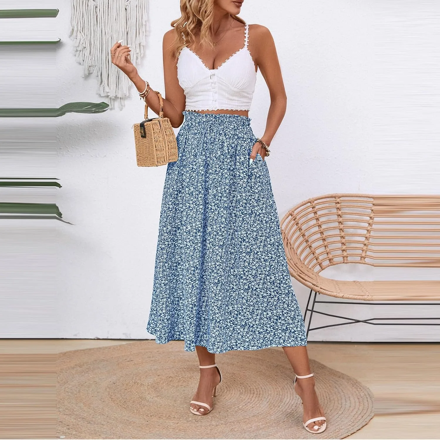 Women's Linen Skirts Knee Length Midi Skirt Summer Drawstring High Waisted Boho Skirt Smocked Aline with Pockets