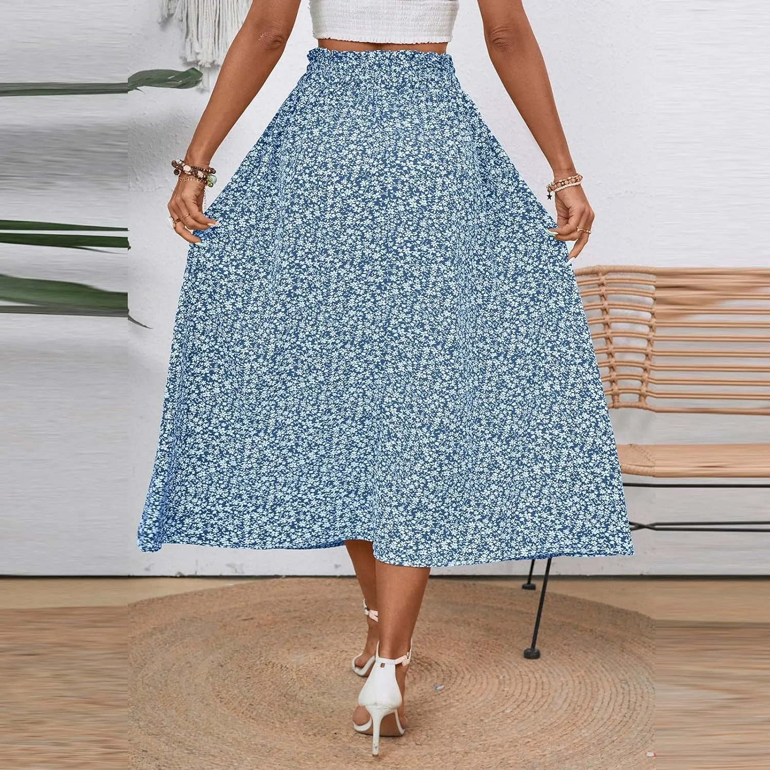 Women's Linen Skirts Knee Length Midi Skirt Summer Drawstring High Waisted Boho Skirt Smocked Aline with Pockets