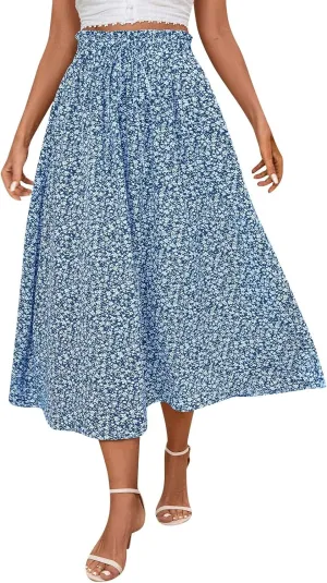 Women's Linen Skirts Knee Length Midi Skirt Summer Drawstring High Waisted Boho Skirt Smocked Aline with Pockets